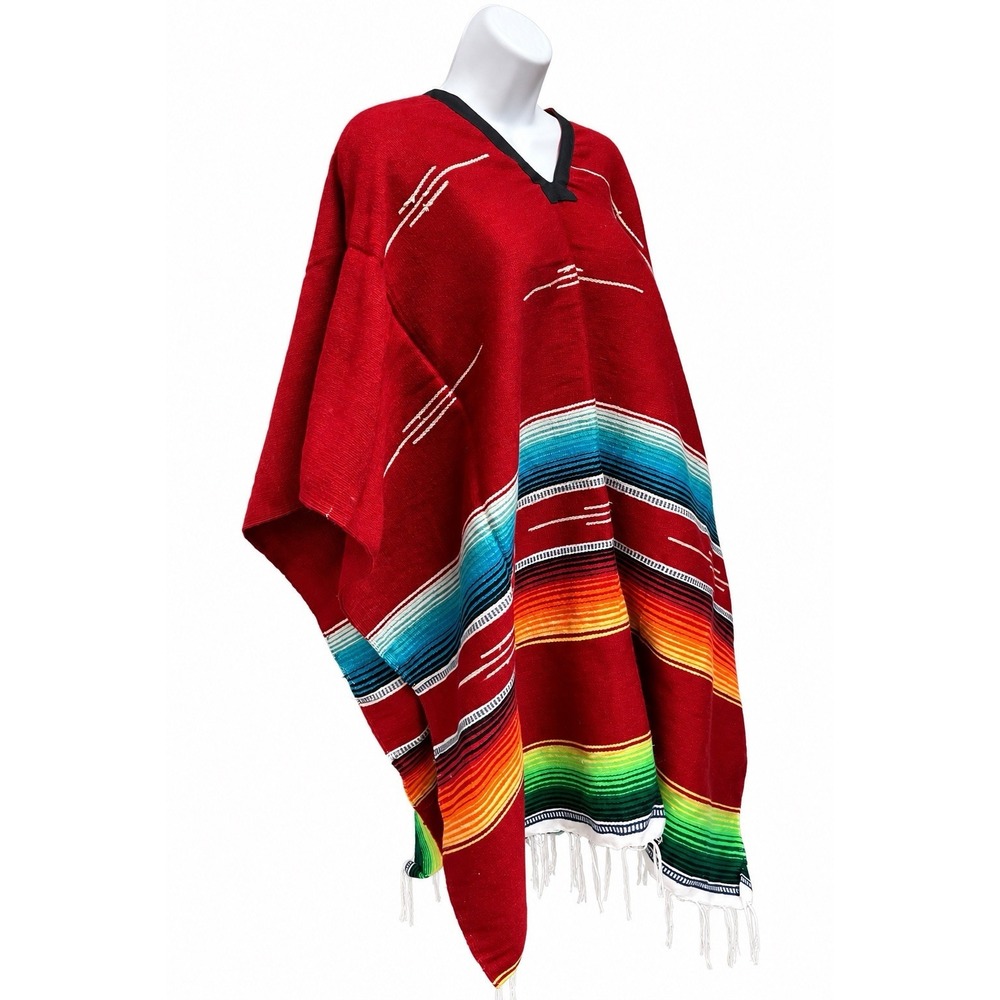 New Mexican Serape Poncho Red Multicolor V-Neck Fringe One Size Unisex